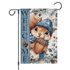 Welcome Winter Squirrel Garden Flag Double Sided Burlap  Acorn Red Berry Pine ...