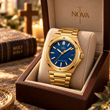 Nova Christian Custom Watch | Full Gold Blue Dial | Fear No Evil Christmas Gift