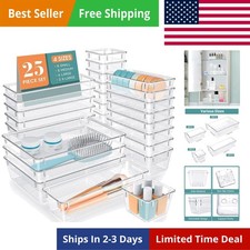 25 PCS Clear Plastic Drawer Organizer Set, 4 Sizes Desk Drawer Divider Organi...