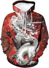3D White Mythical Dragon Hoodie Fiery Red Oriental Fantasy Pullover