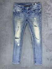 Miss Me Jeans Womens 26 Blue Light Wash Low Rise Skinny Distressed Embroidered