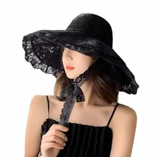 Women Sun Hat Wide Brim Lace Sunscreen Hat with Ribbon Folding Medium Black