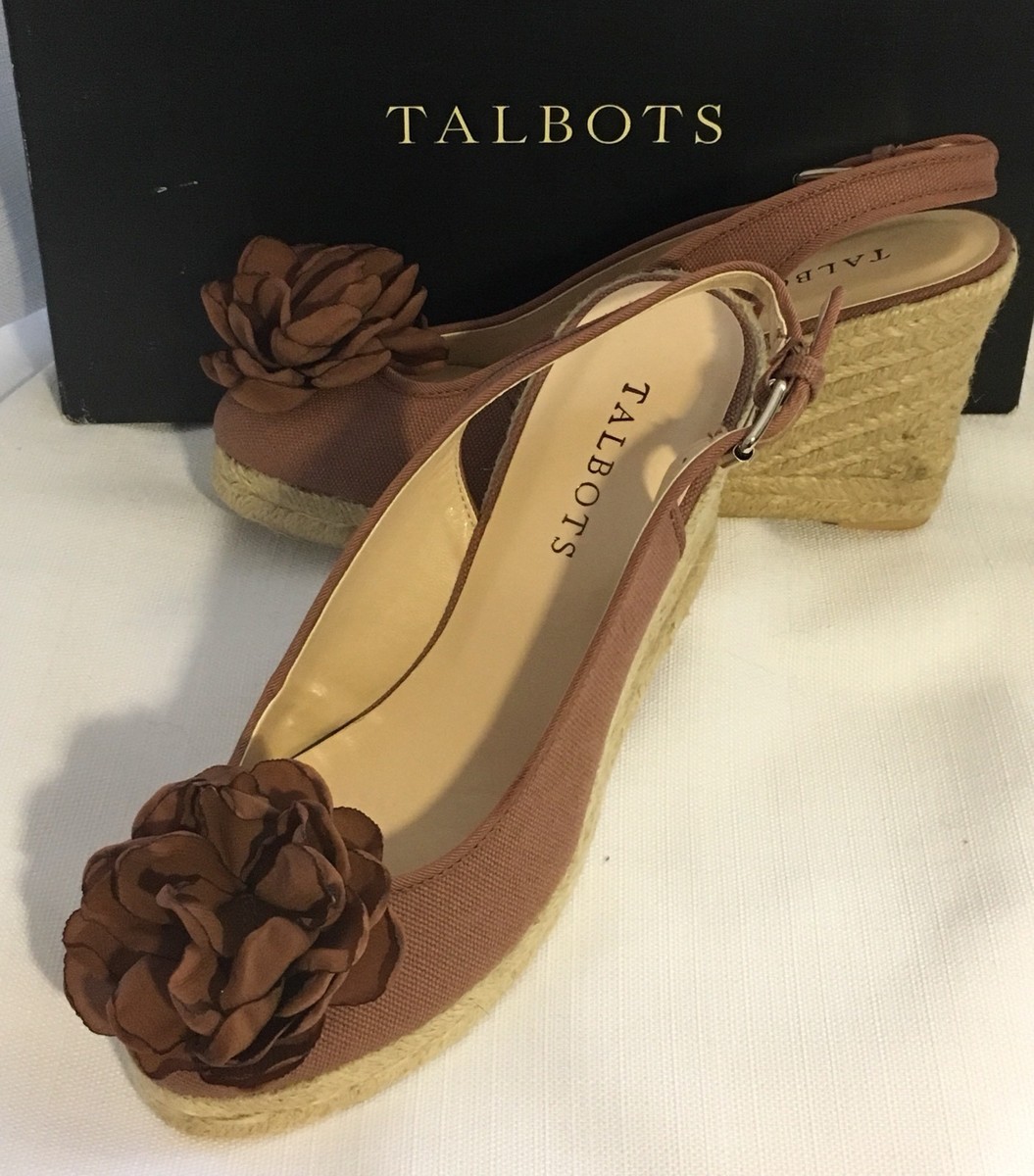 Shoes TALBOTS Espadrilles 3 1/2 Wedge Heel PRALINE BROWN Rosette