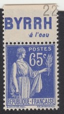 2 timbres Type Paix outremer Y&T n°365 - Pub 1a avec pub BYRRH 1937-39 neufs