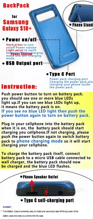 6000mAh Back Pack 电站 适用于三星 Galaxy S10+ SM-G975U 无锁版手机 — 第 2/3 张图片