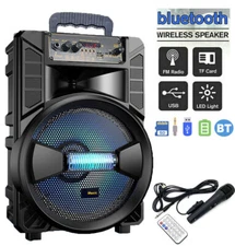 8'' Wireless Bluetooth Speaker USB FM Radio Portable Subwoofer System Remote Mic
