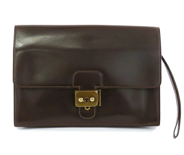 HERMES Pochette Jet Clutch Bag in Dark Brown Box Calf Leather
