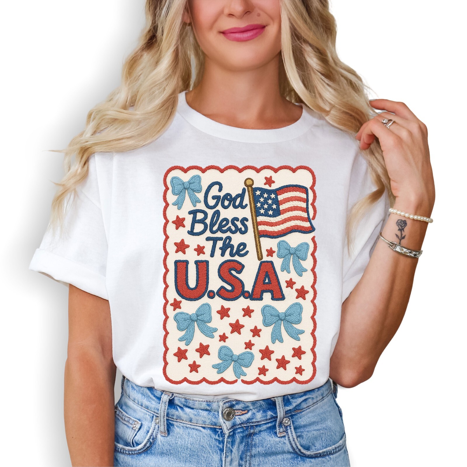 God Bless USA Coquette Preppy Bow Patriotic 4th July Tee Sizes S-5XL
