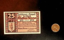 1921 Germany KLOSTER BINNA 25  Phennig Banknote / Notgeld