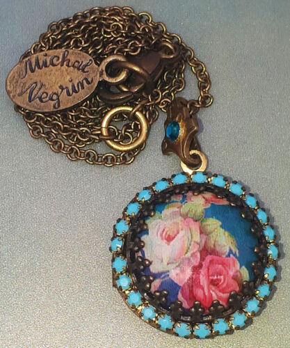 Michal Negrin Locket Necklace Turquoise Round Roses Pendant Chain Victorian - Afbeelding 1 van 2