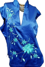 Chinese Blue Satin Top Floral Embroidered  XL Hippie Boho Mandarin Collar