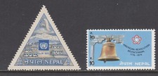 Nepal Sc 89 UN Triangular & Sc 327 US Bicentennial, 2 cplt sets, fresh, VLH, VF