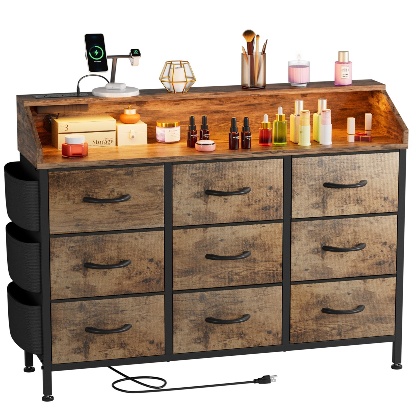 Brown Dresser with 9 Fabric Drawers LED Light and Power Outlet for Bedroom Closet-image