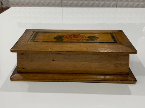 Vintage Primitive Style Wood Candle Box w/ Carved & Painted Rose Decoration - Picture 1 of 12