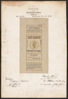 [[Trademark registration by Marburg Bros. for Carte Blanche brand Tobacco]]