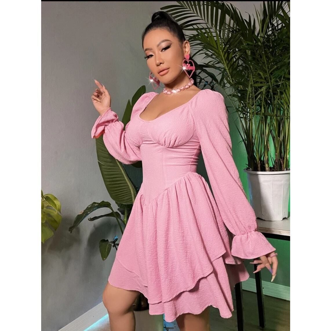 Rosy Pink Unity Sweetheart Neck Layered Hem Dress size Large Rosy Pink Unity Sweetheart Neck Layered Hem Dress size Large