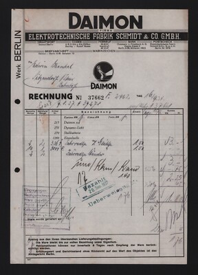BERLIN, Rechnung 1937, Daimon Elektrotechnische Fabrik Schmidt & Co. GmbH