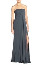 Jenny Yoo Raquel Front Slip Strapless Chiffon Gown, Storm, Size 2