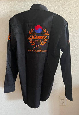 VTG KIMS KOREA SAXOPHONE L.A. SAX EMBROIDERED MENS BUTTON BLK MUSIC SHIRT NEW XL