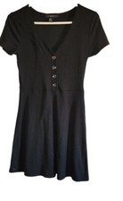 Forever 21 Ribbed Knit Sweater Dress Sz M V Neck Stretch Black  Mini