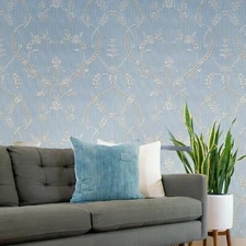 Blue gray Gold metallic diamond lines faux fabric textured damask Wallpaper roll