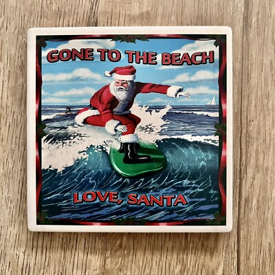Santa Surfing   Gone To The Beach   Love, Santa Ceramic Tile Coaster NEW 4 
