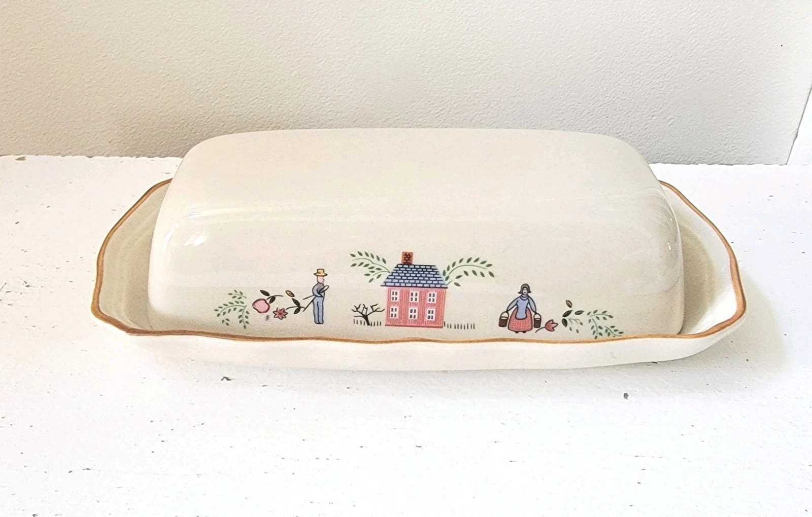Vintage Newcor Stoneware Our Country / Heartland Butter Dish With Lid House
