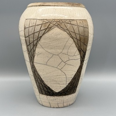 Signed Raku Pottery Vase   11  Tall Crackle Glaze Studio Art 1997