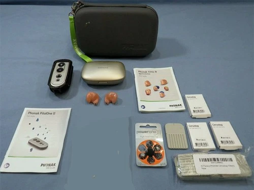 AS IS PHONAK VIRTO B90 HEARING AIDS LEFT & RIGHT, REMOTE, CERUSTOP FILTERS, MORE