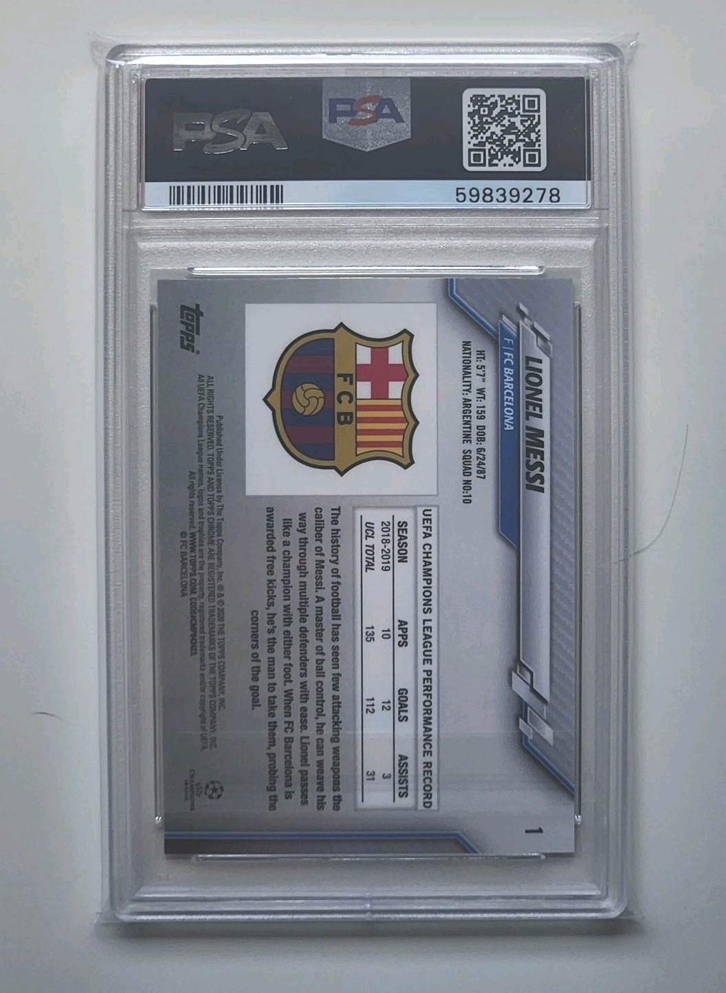 Lionel Messi 2019-20 Topps Chrome UCL Sapphire PSA 9 view 2