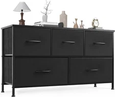 OLIXIS Dresser for Bedroom, 5 Storage Fabric Drawers, Metal Frame and Wooden Top