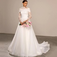 Exquisite A Line Wedding Dress High Collar Bride Gowns Long Sleeve Bridal Gown