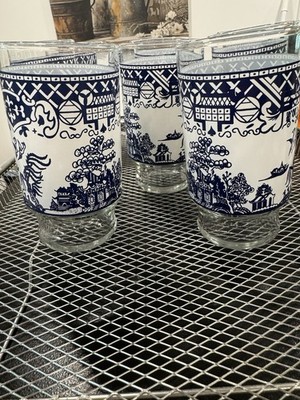 Vtg Heritage Mint Blue Willow 12oz Glass Tumblers Set of 8 PRISTINE MINT