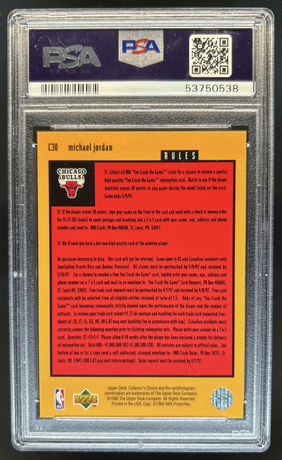 1996-97 Collectors Choice Italian Michael Jordan You Crash the Game #C30a PSA 10 view 2