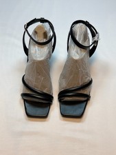 Womens 8 black Strappy Sandals Square Open Toe Chunky High Heel Ankle Buckle NIB