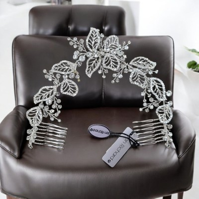 Jon Richard versilbert klar Kristall Olivia Pave Blatt Doppel Haarkamm - Geschenk
