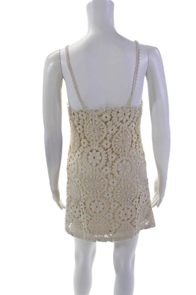 MNG Womens Crochet Cotton Scoop Neck Sleeveless Lined Mini Dress Beige Size 2 - Image 3 of 4