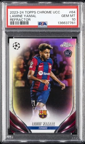 2023-24 TOPPS CHROME UEFA CLUB COMPETITIONS REFRACTOR #64 LAMINE YAMAL PSA 10