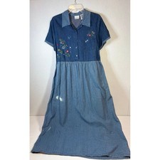 Bobbie Brooks Vintage Denim Plaid Embroidered Maxi Dress Blue Cotton XL 16/18
