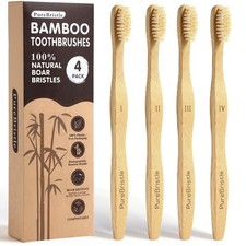 PureBristle Boar Bristle Bamboo Toothbrushes 1 Count Pack of 4 , Light Brown