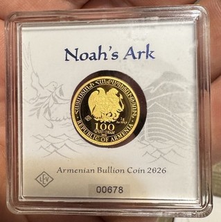 2026 Armenia Noah’s Ark 1 g .9999 Gold Bullion Coin – 100 Dram – Gorgeous Proof