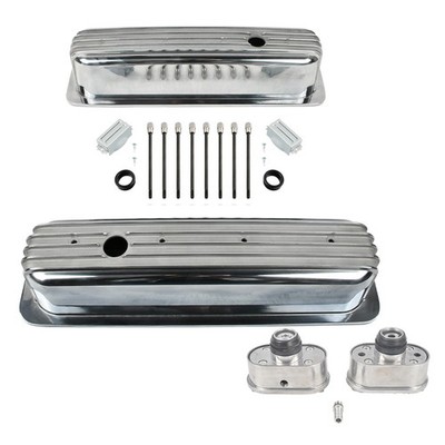 Polished Finned Tall Valve Covers & Air PCV Breather For SBC Chevy 350 1987-97