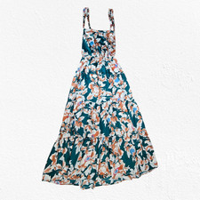 Lulus Green Teal Floral Heat Wave Babe Tie-Back Tiered Maxi Dress Size Medium