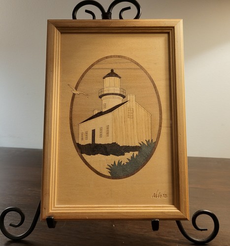 Vtg Marquetry Wood Art-Artist Jeff Nelson Hudson River Inlay Pt Loma Lighthouse