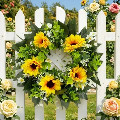 Couronne décorative 35 cm avec têtes de tournesol et pour feuilles d'eucalyptus - Photo 1/4