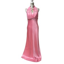 Y2K Satin Maxi Dress USA Made Soft Pink Rhinestone Prom Gown Party Cocktail L