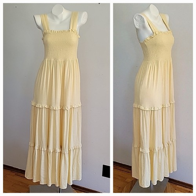 #ad Express Tiered Maxi Dress Small Yellow Smocked Bodice Boho Cottagecore Prairie $24.70