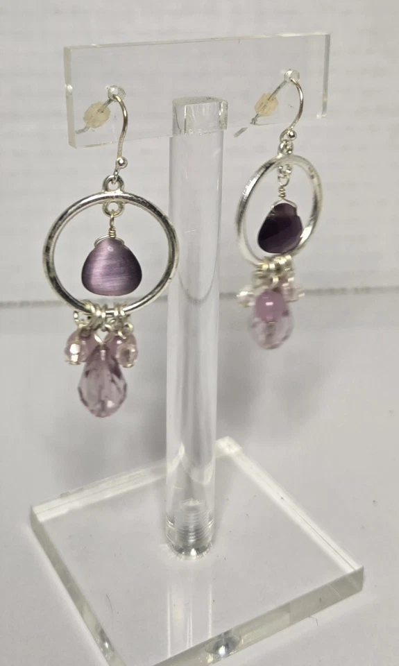 Handmade Silver Hoop Dangle Boho Earrings with Purple Amethyst Gemstone Beads - Image 3 of 4