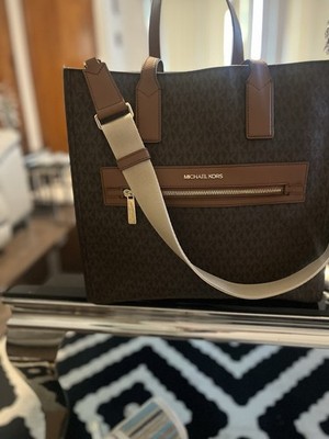 Michael Kors Brown Monogram Tote Zip Pocket, Detachable Crossbody Strap, Gold