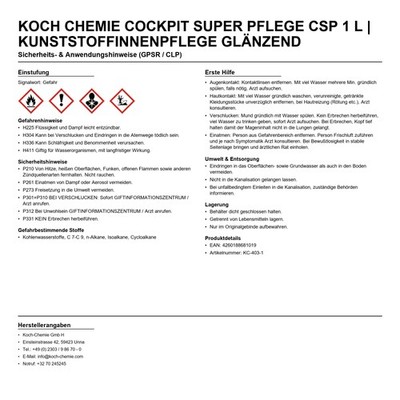 Koch Chemie Cockpit Super Pflege Csp 1 L | Kunststoffinnenpflege glänzend Auto
